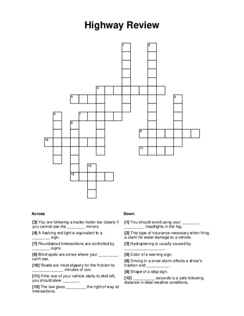 Highway Review Crossword Puzzle