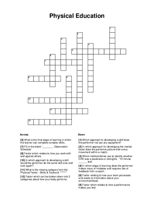 Physical Education Crossword Puzzle