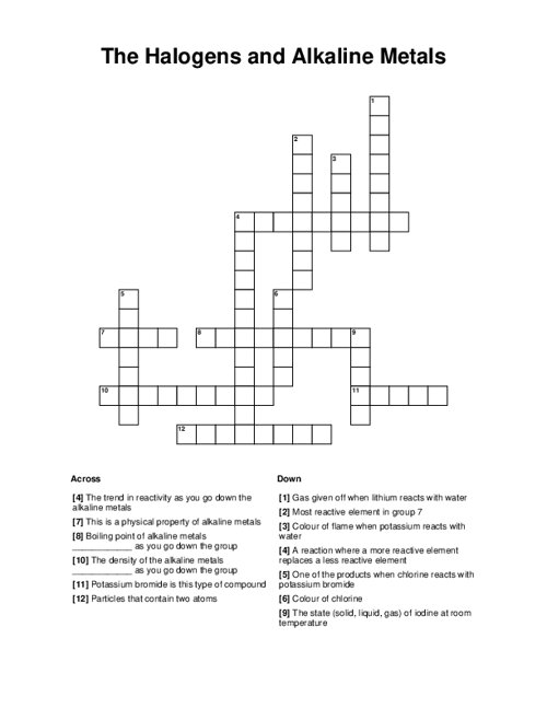 The Halogens and Alkaline Metals Crossword Puzzle