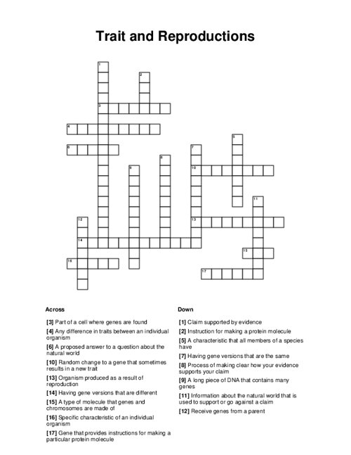 Trait and Reproductions Crossword Puzzle