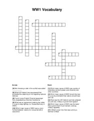 WW1 Vocabulary Crossword Puzzle
