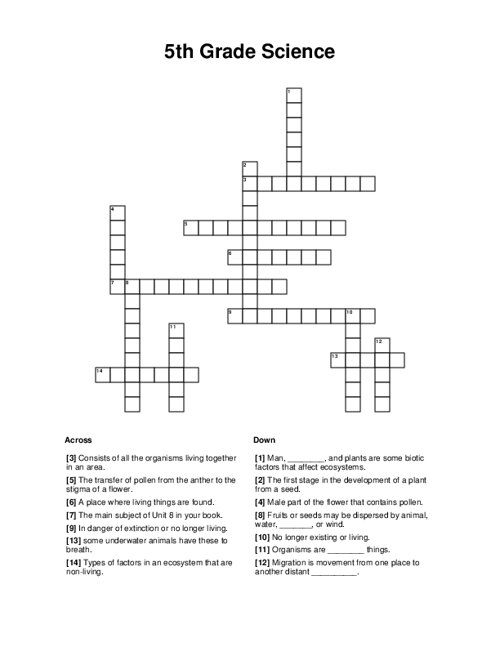 5th Grade Science Crossword Puzzle