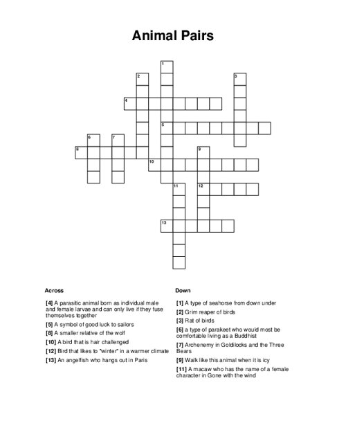 Animal Pairs Crossword Puzzle