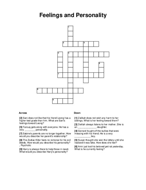 Feelings and Personality Crossword Puzzle
