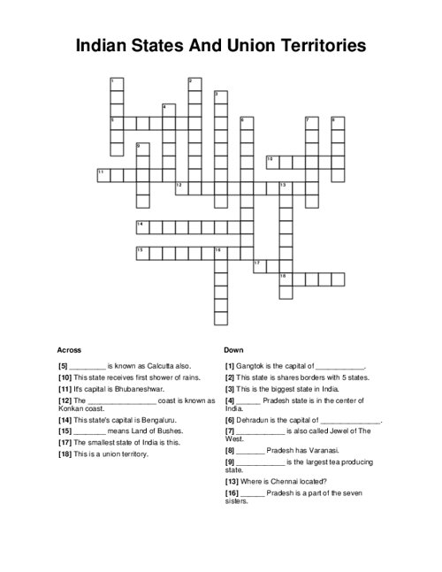 Indian States And Union Territories Crossword Puzzle