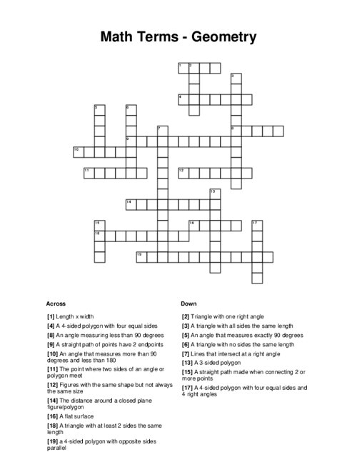 Math Terms - Geometry Crossword Puzzle