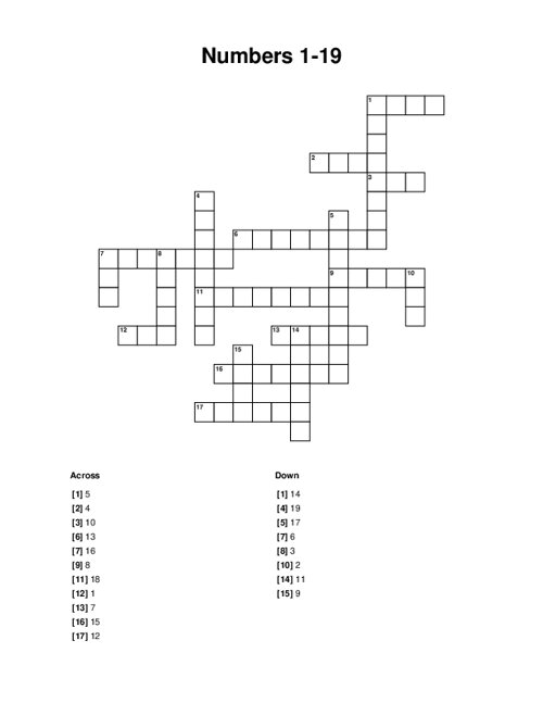 Numbers 1-19 Crossword Puzzle