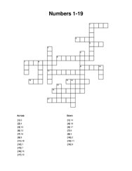 Numbers 1-19 Crossword Puzzle