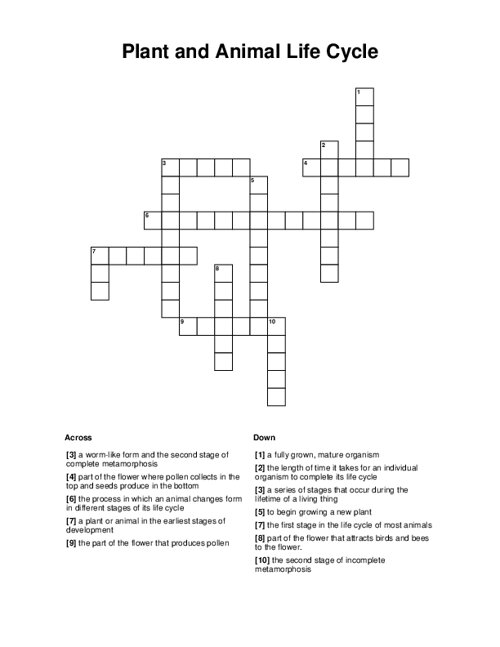 Plant and Animal Life Cycle Crossword Puzzle