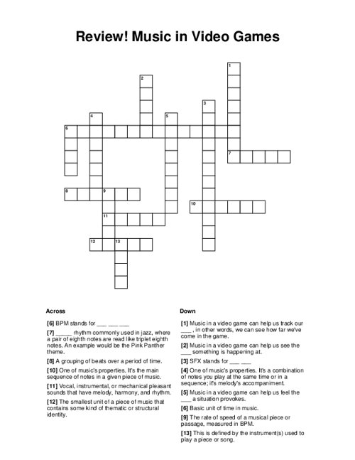 Review Music in Video Games Crossword Puzzle