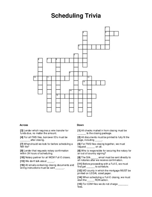 Scheduling Trivia Crossword Puzzle