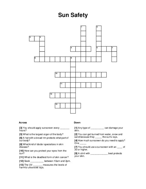 Sun Safety Crossword Puzzle