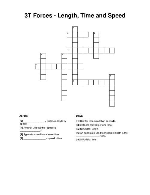 3T Forces - Length, Time and Speed Crossword Puzzle