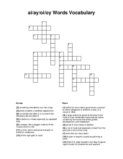 ai/ay/oi/oy Words Vocabulary Crossword Puzzle