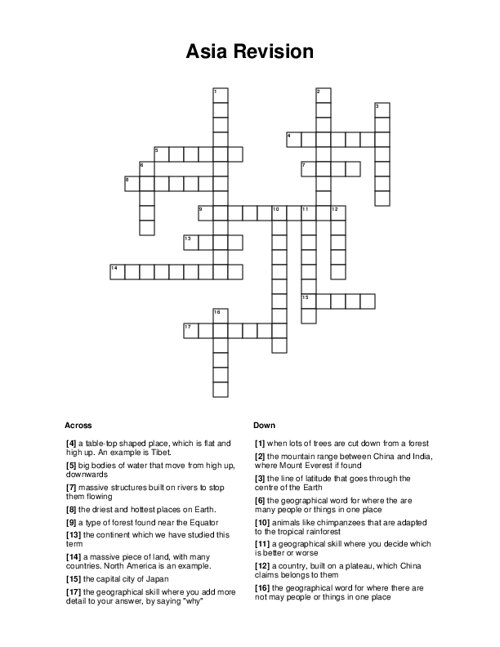 Asia Revision Crossword Puzzle