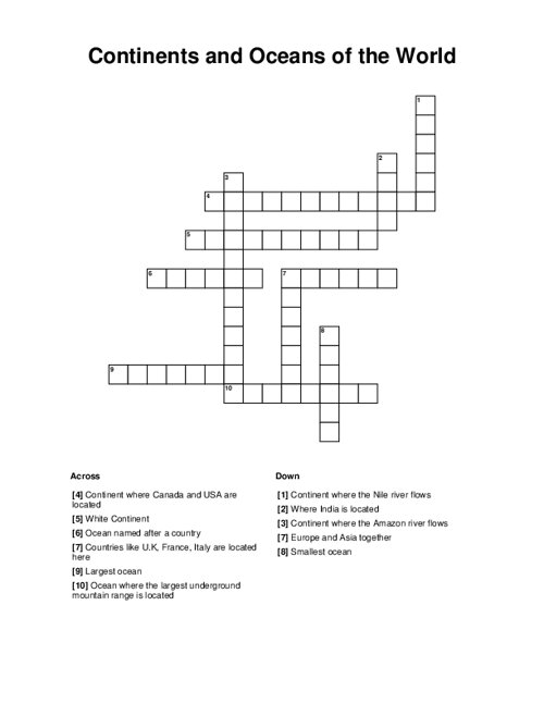 Continents and Oceans of the World Crossword Puzzle