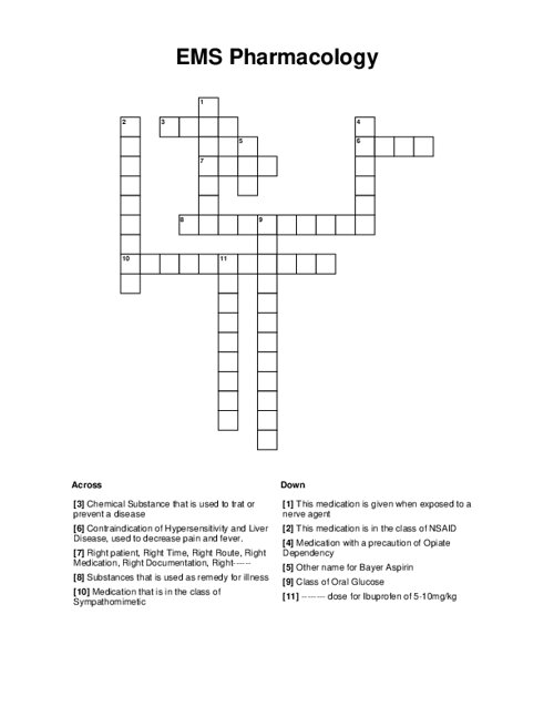 EMS Pharmacology Crossword Puzzle