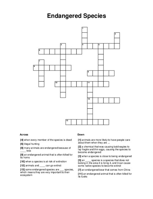 Endangered Species Crossword Puzzle