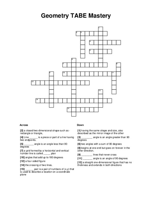 Geometry TABE Mastery Crossword Puzzle