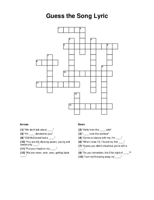 Guess the Song Lyric Crossword Puzzle