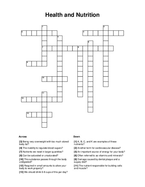 Health and Nutrition Crossword Puzzle