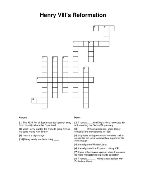 Henry VIII's Reformation Crossword Puzzle