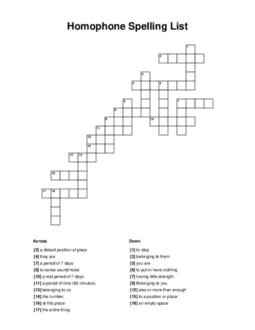 Homophone Spelling List Crossword Puzzle