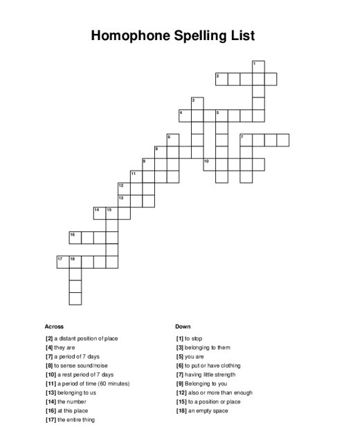Homophone Spelling List Crossword Homophone Spelling List Crossword