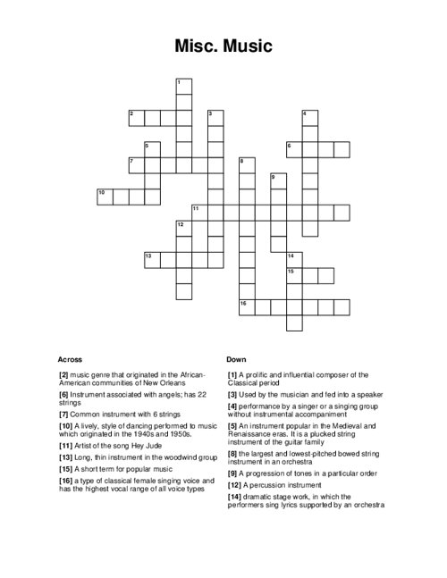 Misc Music Crossword Puzzle