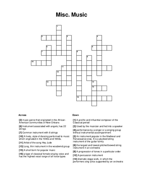 Misc Music Crossword Puzzle