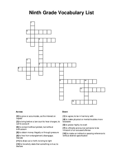 Ninth Grade Vocabulary List Crossword Puzzle