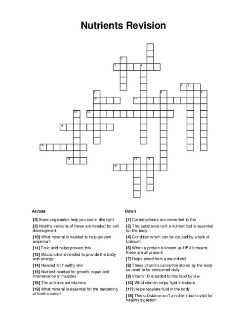 Nutrients Revision Crossword Puzzle