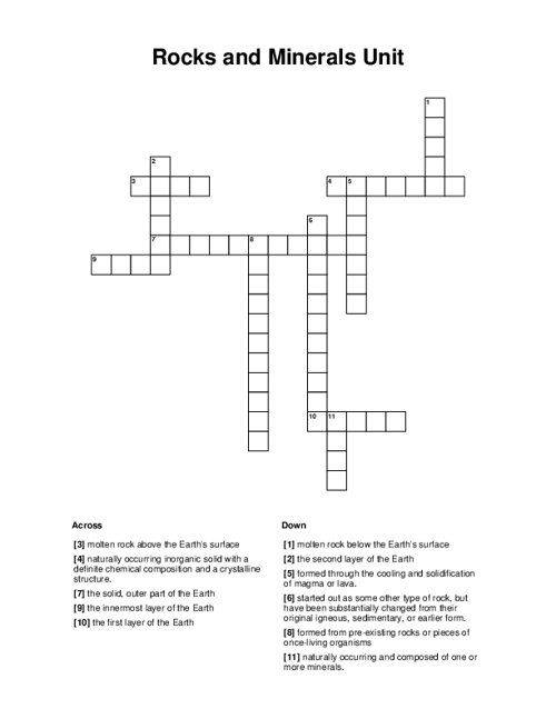 Rocks and Minerals Unit Crossword Puzzle