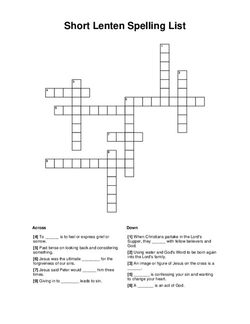 Short Lenten Spelling List Crossword Puzzle