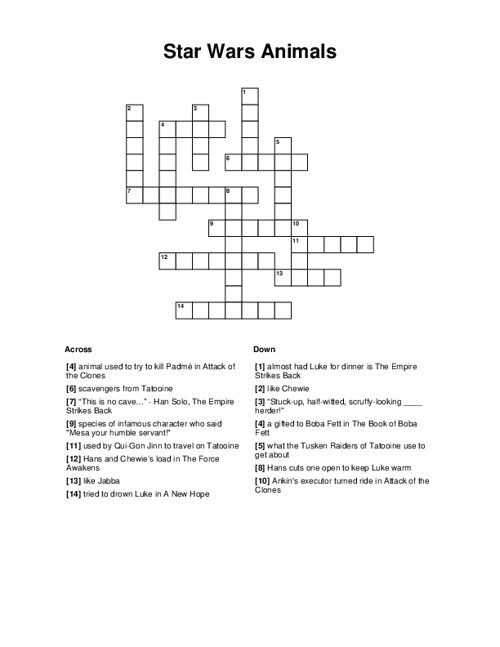 Star Wars Animals Crossword Puzzle