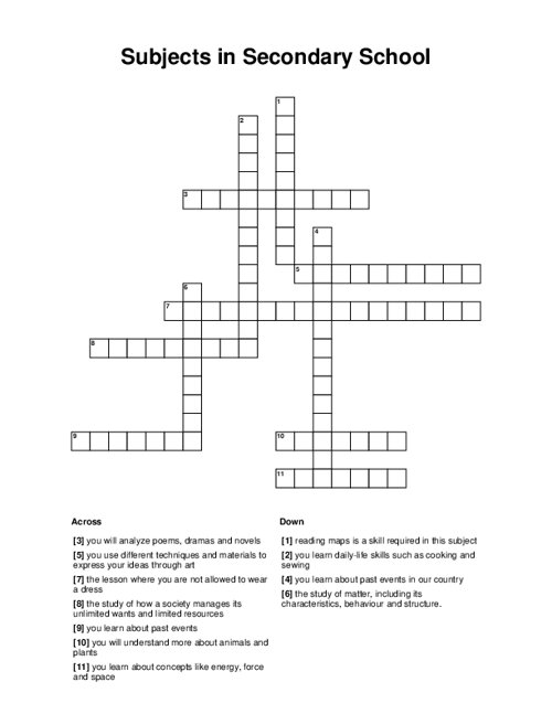 Subjects In Secondary School Crossword