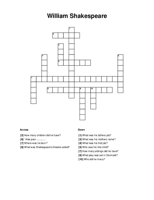 William Shakespeare Crossword Puzzle