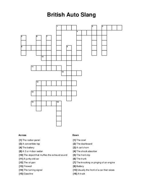 British Auto Slang Crossword Puzzle