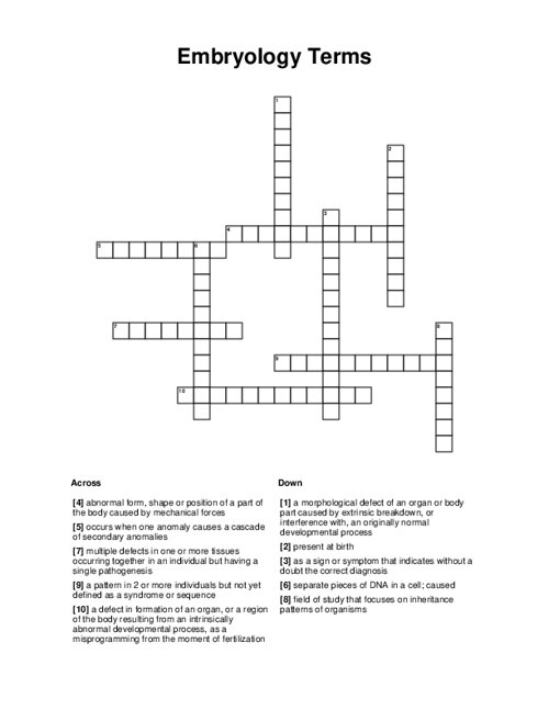 Embryology Terms Crossword Puzzle