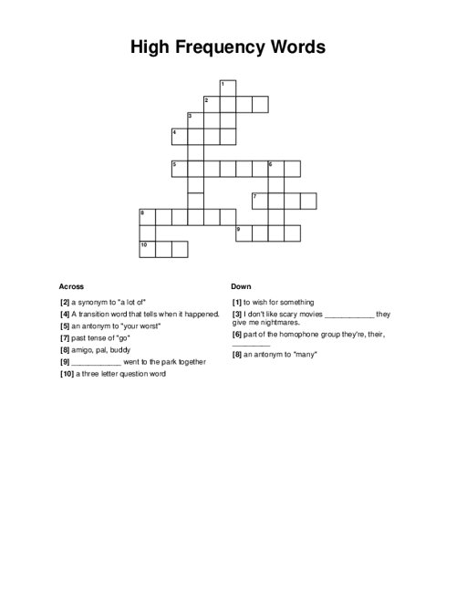 High Frequency Words Crossword Puzzle