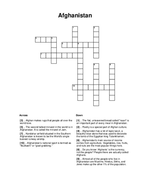 Afghanistan Crossword Puzzle