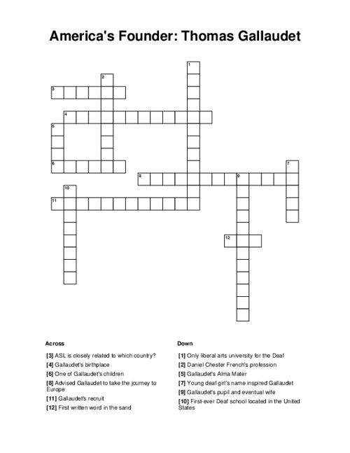 America's Founder: Thomas Gallaudet Crossword Puzzle