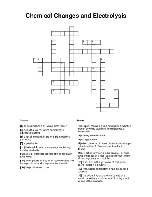 Chemical Changes and Electrolysis Crossword Puzzle