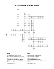 Continents and Oceans Crossword Puzzle