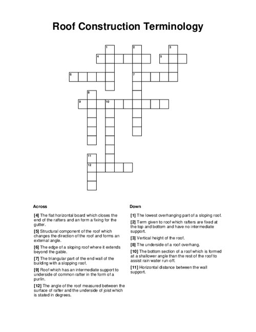 Roof Construction Terminology Crossword Puzzle