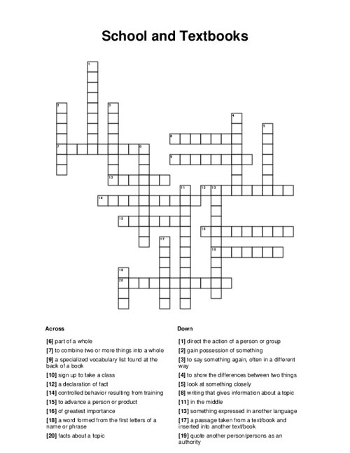 School and Textbooks Crossword Puzzle