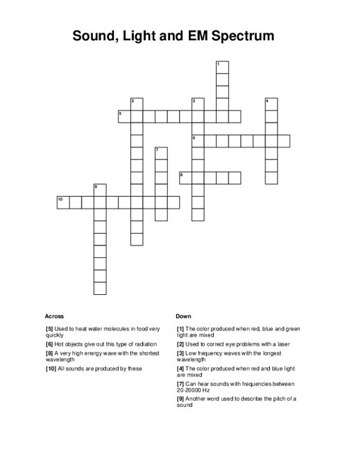 Sound, Light and EM Spectrum Crossword Puzzle
