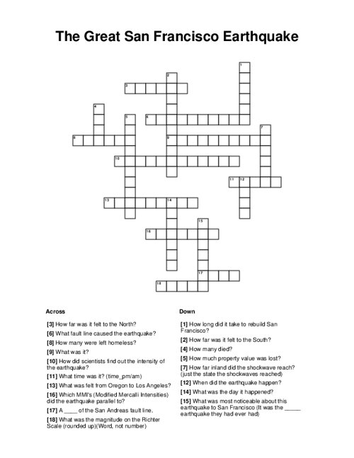 The Great San Francisco Earthquake Crossword Puzzle