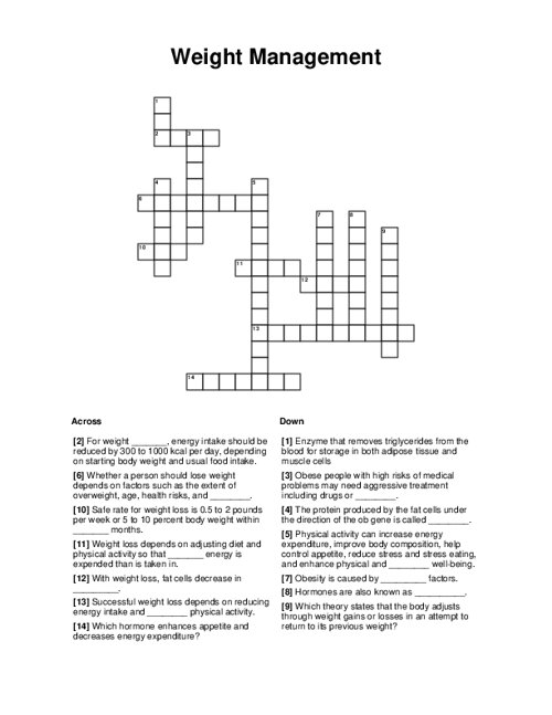 Weight Management Crossword Puzzle