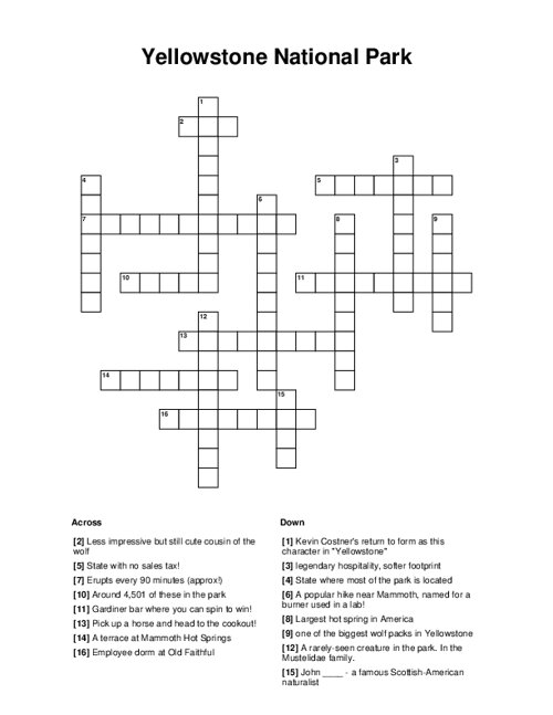 Yellowstone National Park Crossword Puzzle